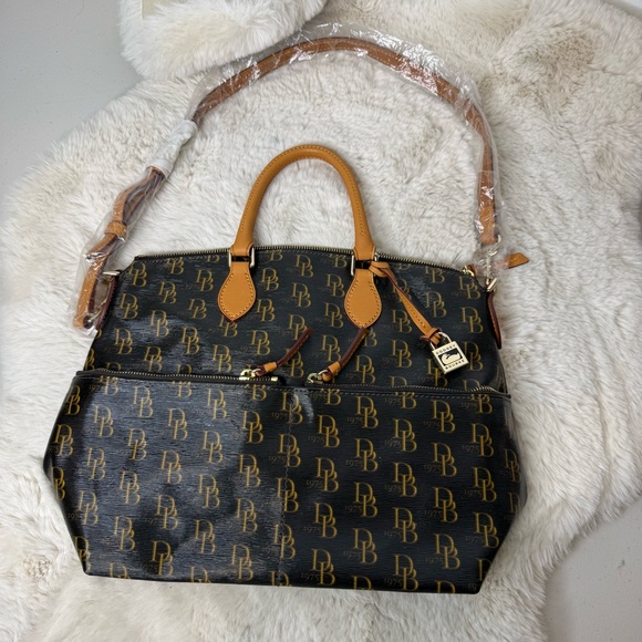 Dooney & Bourke Brown Biscuit Pocket Satchel Red Interior Handbag